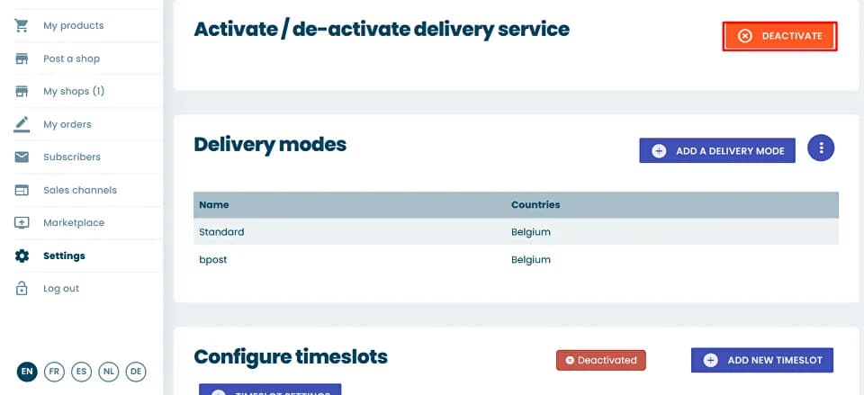 Pickup Settings Page