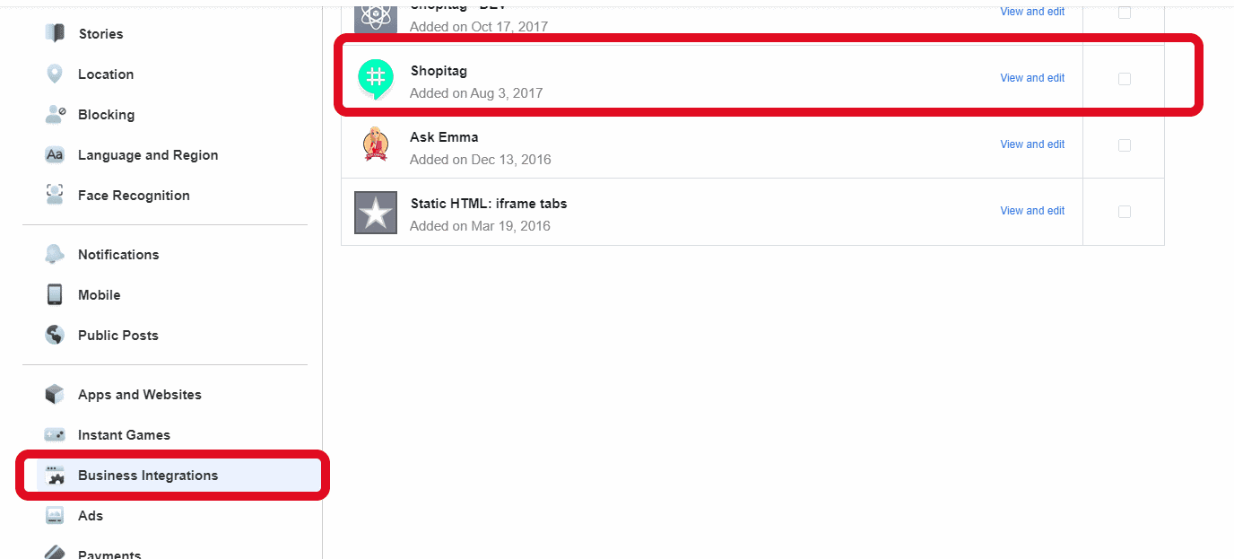 Business Integrations Menu
